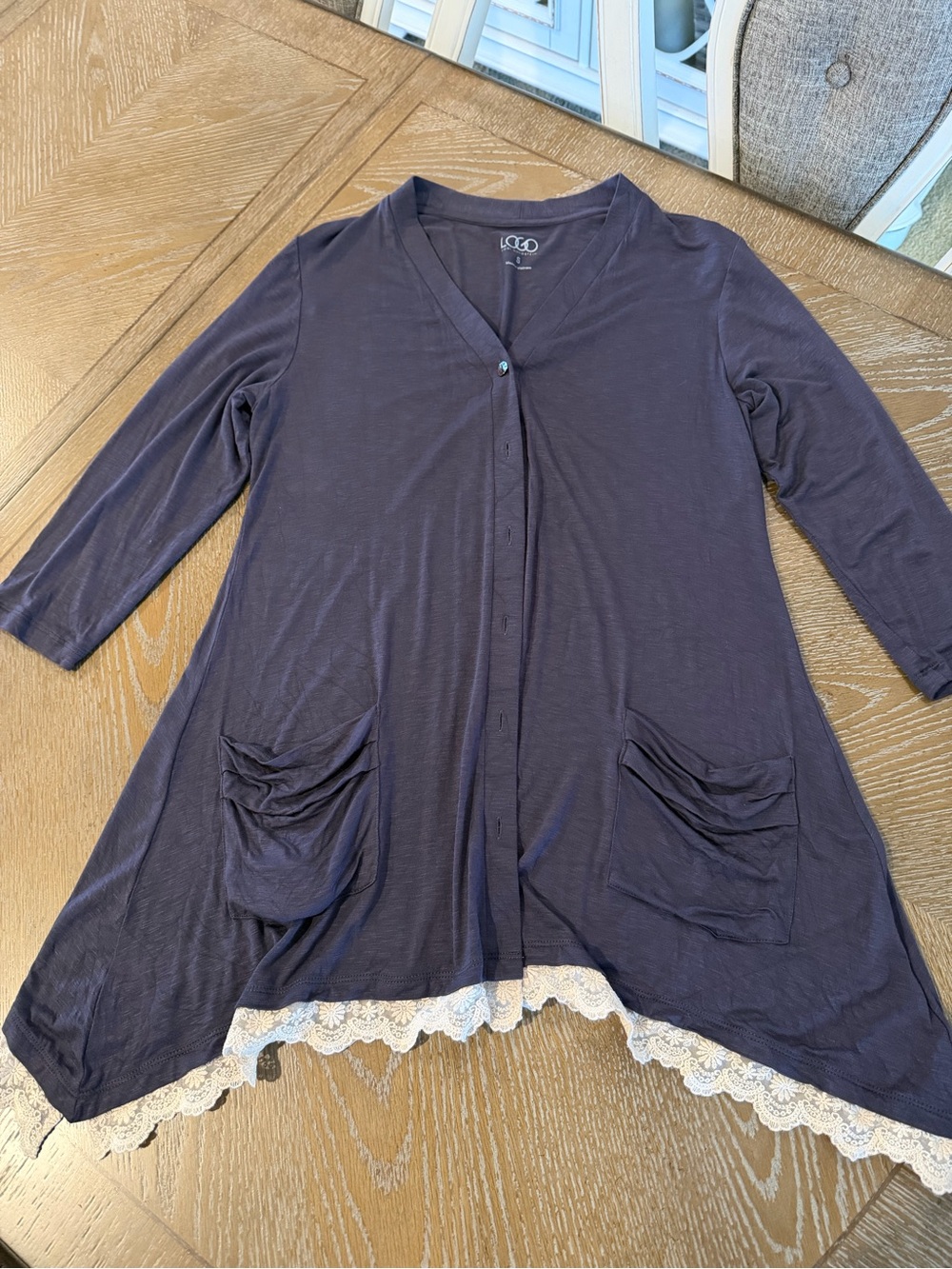 LOGO by Lori Goldstein Gray Tunic with Cream Lace Hem
